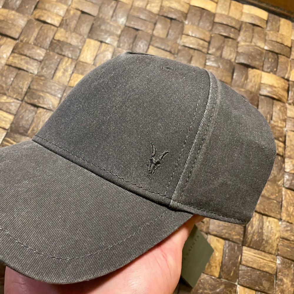 AllSaints Hat Cap Dark Gray Washed Mens Embroidered Logo Adjustable Cotton NWT